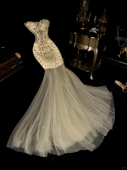 Shiny Mermaid Sweetheart Neck Corset Beaded Sequin Tulle Long Prom Dress Party Dress SH3067