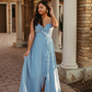 Gentle A Line Ruffle Blue Chiffon Evening Dress Bridesmaid Dress with Slit SH2703