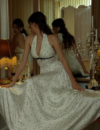 Classic Polka Dot A Line V Neck Satin Backless Prom Dress Outfits SH5315