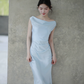 Gentle Baby Blue Sheath Straps Pleated Satin Prom Dress Evening Dress SH4215