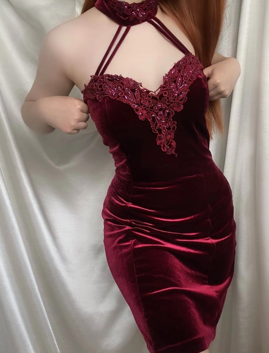 Vintage Burgundy Sheath Halter Velvet Knee Length Prom Dress Evening Dress SH6341