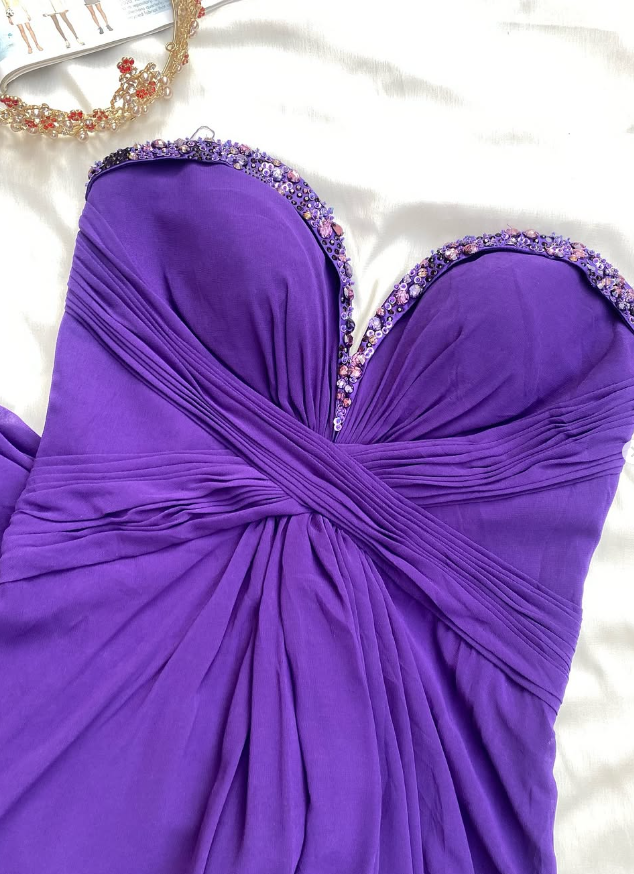 Purple A Line Sweetheart Neck Rhinestone Chiffon Long Prom Dress Evening Dress SH1850