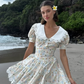 Cute Print Floral A Line Puff Sleeve Satin Short Prom Dress Homecoming Dress SH6382