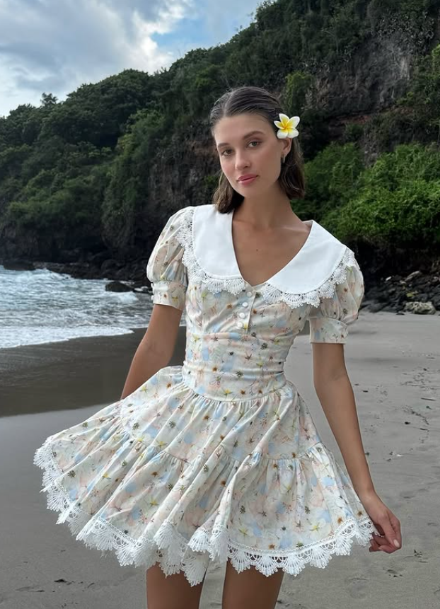 Cute Print Floral A Line Puff Sleeve Satin Short Prom Dress Homecoming Dress SH6382