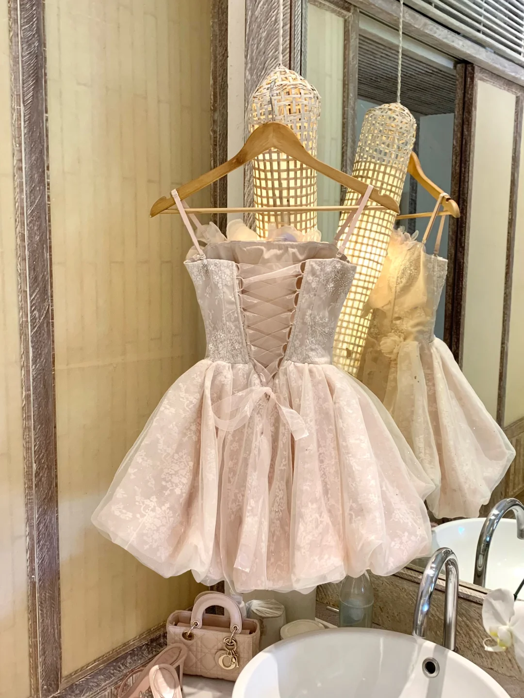 Light Pink A Line Floral Lace Tulle Short Prom Dress Homecoming Dress SH7183