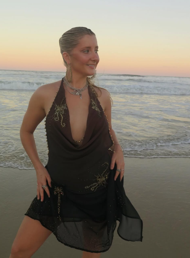 Sexy Dark Brown Sheath Halter Pleated Beaded Chiffon Vacation Dress Outfits SH3895