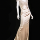 Vintage Champagne A Line Exquisite Pearls Satin Prom Dress Evening Dress SH5132