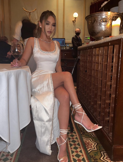 White Sheath Spaghetti Strap Beaded Satin Long Prom Dress Evening Dress SH8973