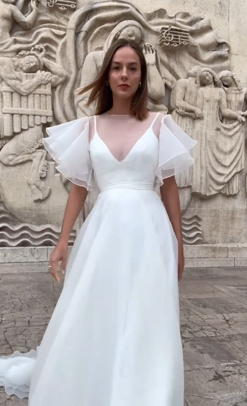 Stunning Ball Gown White Ruffle Organza Long Sweep Wedding Dress SH4709