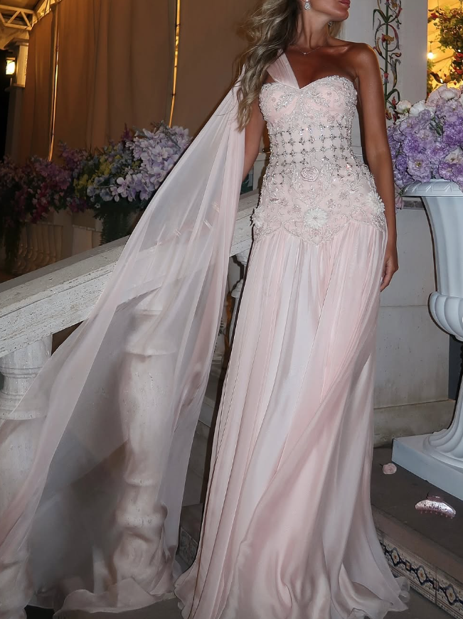 Elegant A Line One Shoulder Beaded Light Pink Satin Prom Dress Wedding Guest Dress SH4722