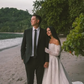 White A Line Strapless Exquisite Lace Long Train Wedding Dress SH7344