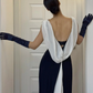 Retro Sheath Backless White Chiffon Black Satin Long Prom Dress Evening Dress SH6046
