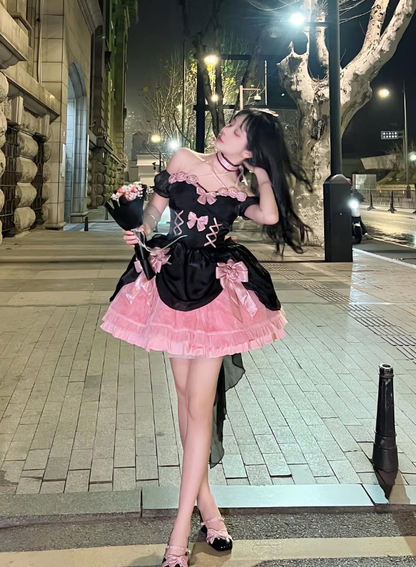 Black-pink Cute Ball Gown Off the Shoulder Bow Satin Tulle Short Prom Dress Homecoming Dress SH6438