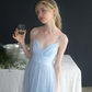 Baby Blue A Line V Neck Sequin Satin Tulle Long Prom Dress Date Dress SH6508