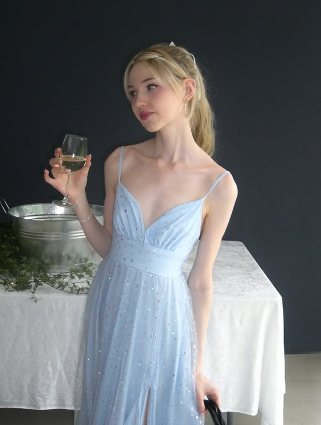 Baby Blue A Line V Neck Sequin Satin Tulle Long Prom Dress Date Dress SH6508