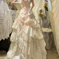Vintage Ivory A Line Strapless 3D Floral Layered Satin Wedding Dress Prom Dress SH5881