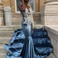 Blue Velvet Appliques Bead Meemaid Long Prom Dress Formal Evening Dress SH975