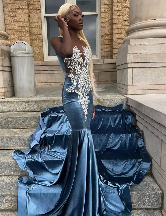Blue Velvet Appliques Bead Meemaid Long Prom Dress Formal Evening Dres