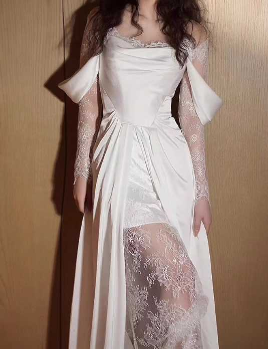 Gentle White A Line Long Sleeve Sequin Lace Satin Evening Dress Party Dress Wedding Dress SH3476