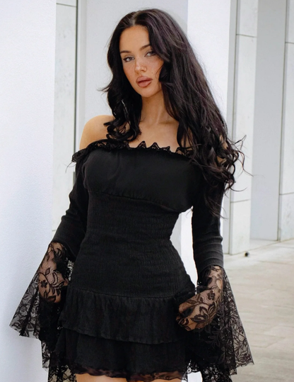 Black A Line Long Sleeve Lace Satin Short Homecoming Dress Mini Dress SH8055