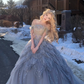 Exquisite Beaded A Line Off the Shoulder Grey Tulle Long Evening Dress Party Dress SH3487