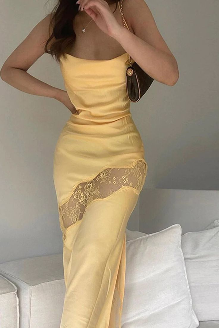 Sexy Satin Lace Splicing Long Evening Dress Yellow Prom Dress SH971