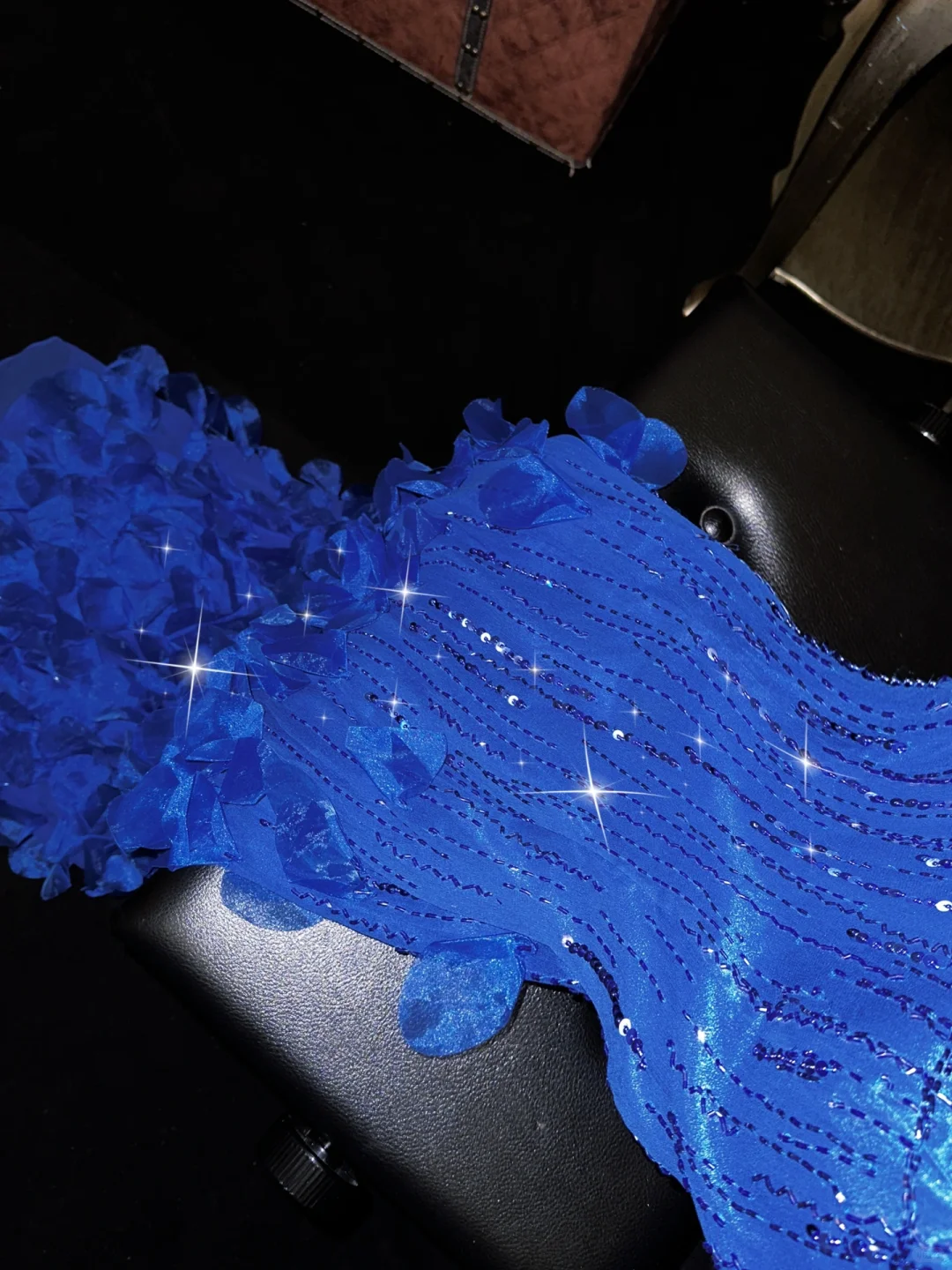 Royal Blue A Line Spaghetti Strap Beaded Appliques Chiffon Long Prom Dress Evening Dress SH3177