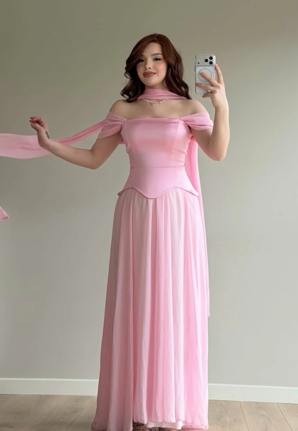 Simple Pink A Line Off the Shoulder Chiffon Satin Prom Dress Wedding Guest Dress SH5420