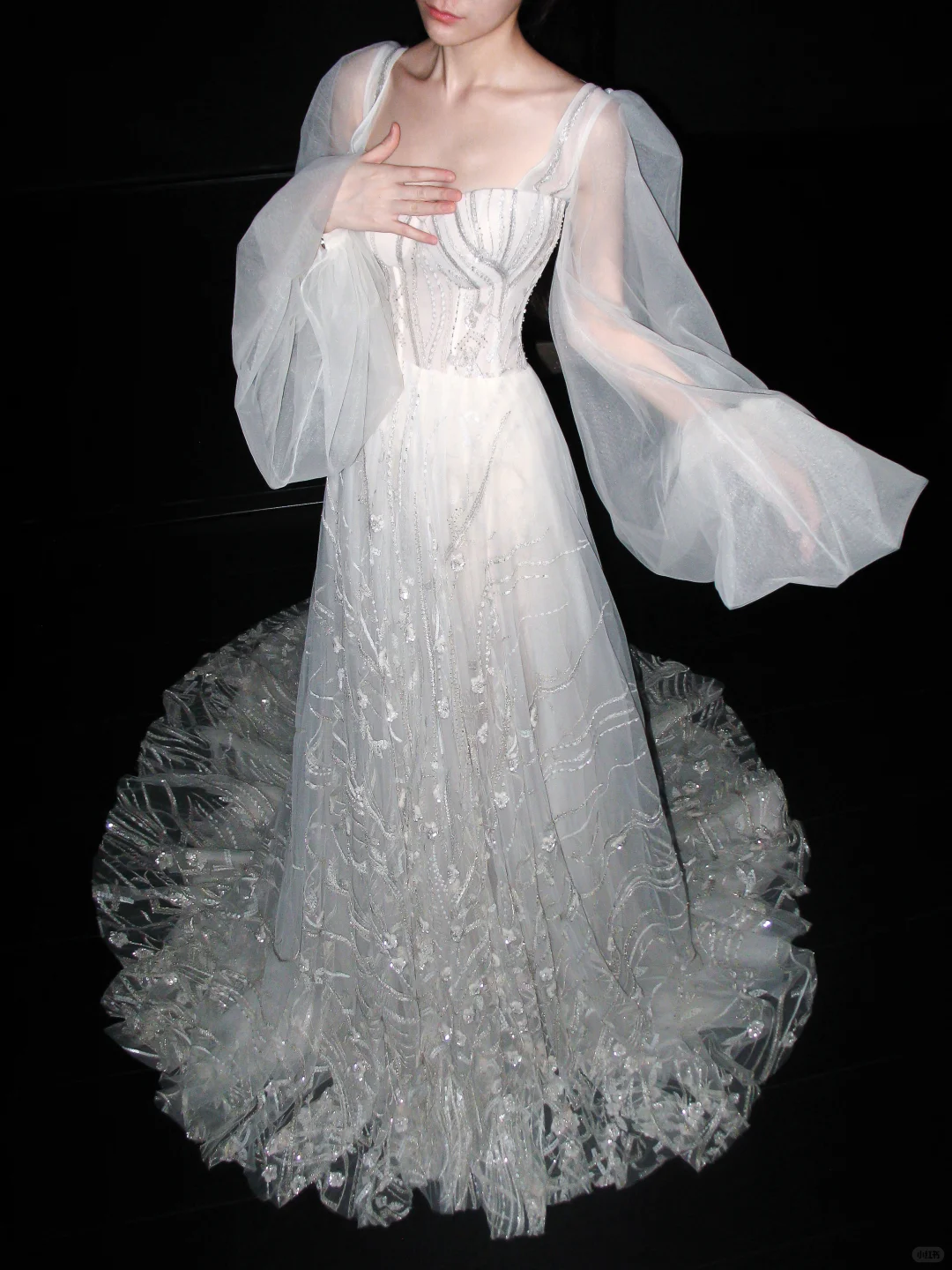 Dreamy Ball Gown Long Sleeve Sequin White Tulle Long Wedding Dress SH6621