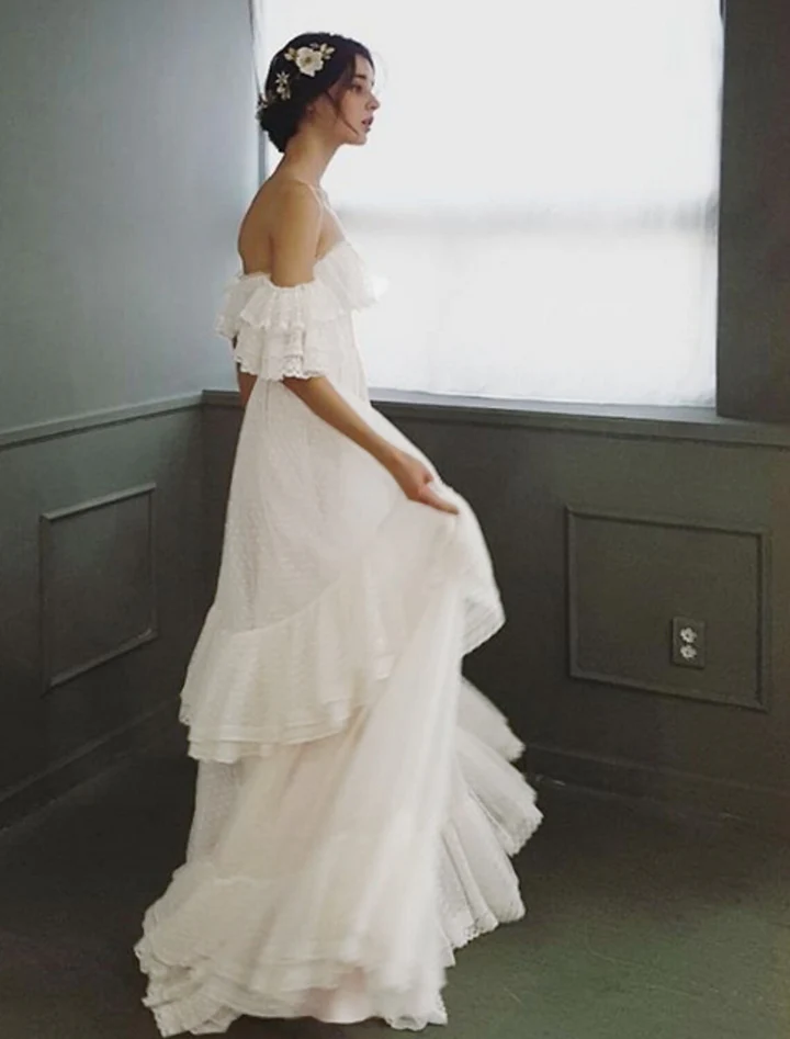 Elegant A Line Off the Shoulder Tiered White Tulle Long Prom Dress Evening Dress SH2632