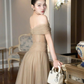 Simple A Line Off the Shoulder Mocha Tulle Long Prom Dress Evening Dress SH4671