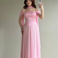 Simple Pink A Line Off the Shoulder Chiffon Satin Prom Dress Wedding Guest Dress SH5420