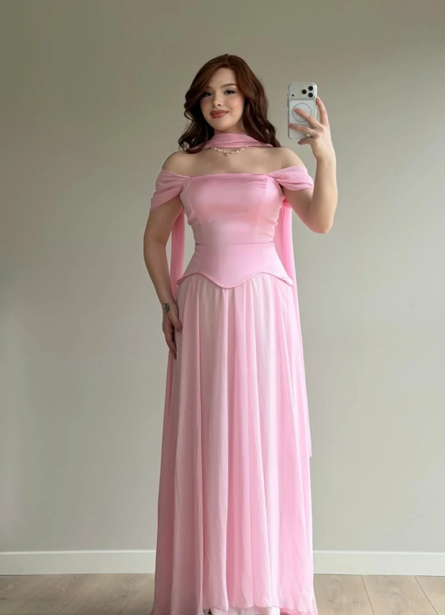 Simple Pink A Line Off the Shoulder Chiffon Satin Prom Dress Wedding Guest Dress SH5420