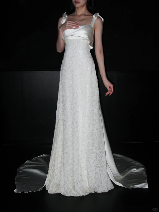 Sweety Bow A Line Straps White Lace Satin Long Wedding Dress SH5975