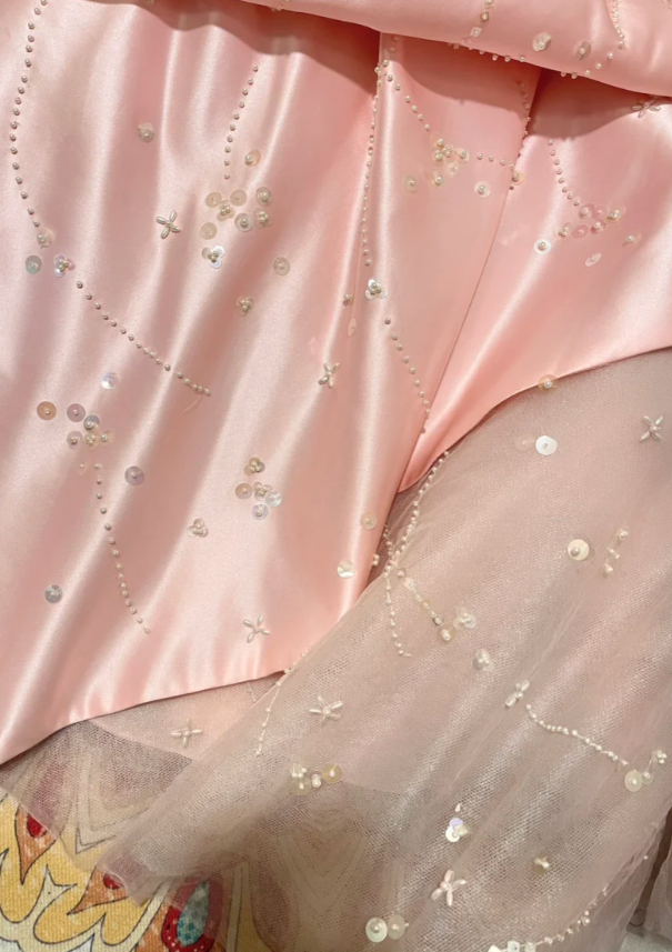 Princess Pink A Line Strapless Beaded Satin Tulle Long Prom Dresses 16th Birthday Dresses SH4636