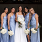 Pretty Sheath One Shoulder Baby Blue Satin Bridesmaid Dress Evening Dress with Slit SH3204