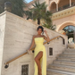 Yellow Sheath Strapless Pleated Chiffon Long Prom Dress Evening Dress with Slit SH4265