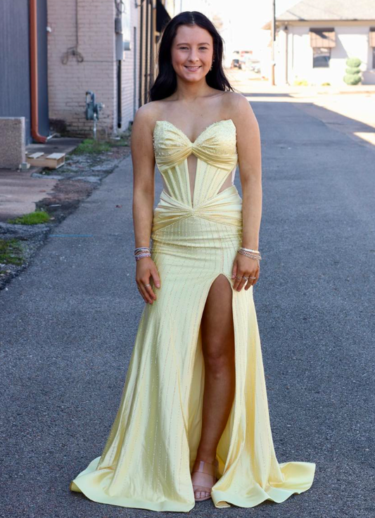 Yellow Mermaid Sweetheart Neck Beaded Satin Prom Dress Evening Dress with Slit SH6596
