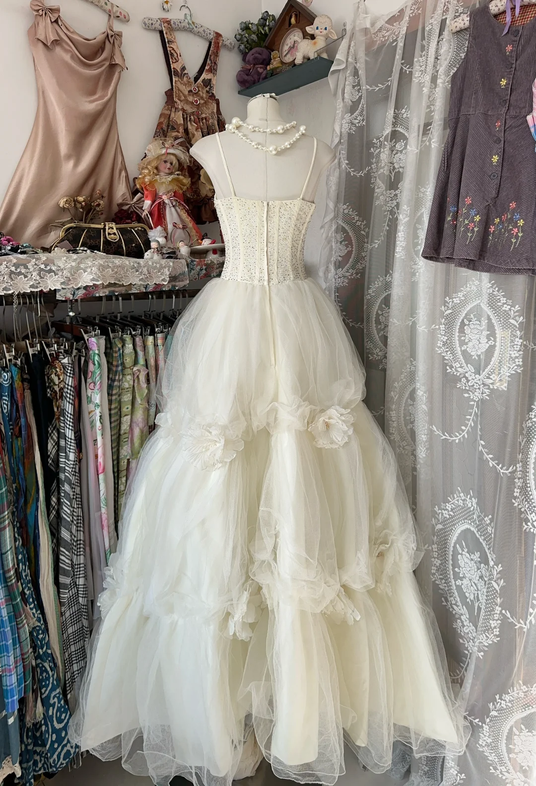 Ivory Vintage A Line Straps 3D Floral Beaded Tulle Graduation Prom Dress SH5376