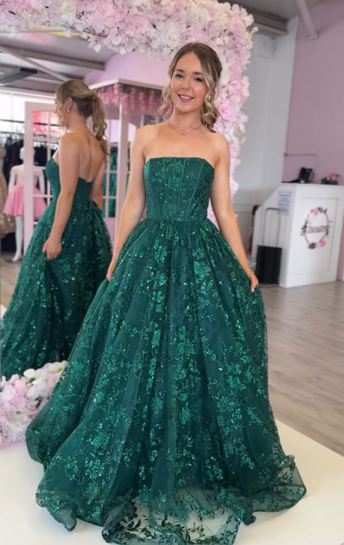 Emerald A Line Strapless Sequin Corset Tulle Prom Dress Evening Dress SH6643