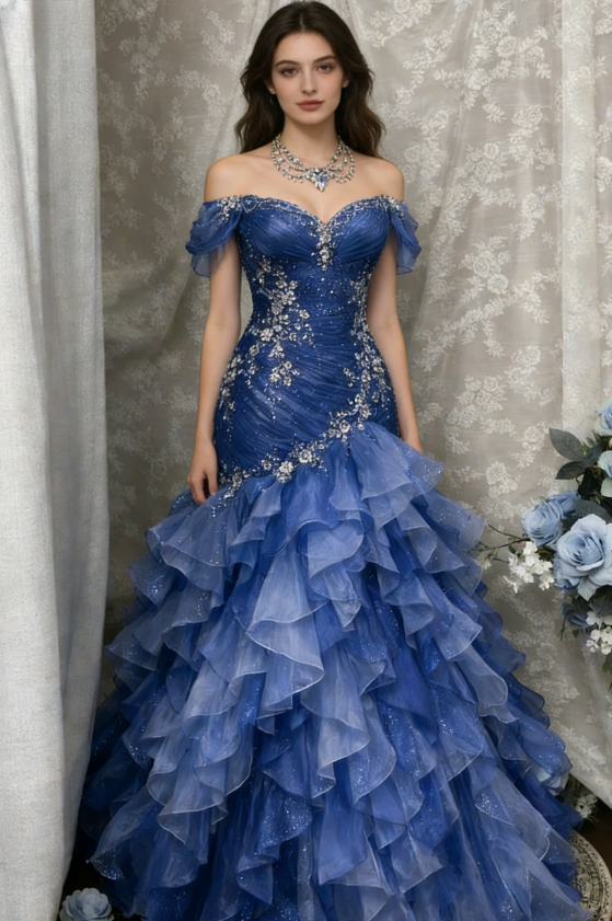 Blue Dreamy Mermaid Exquisite Beaded Layered Ruffle Tulle Prom Dress Evening Gown SH5422