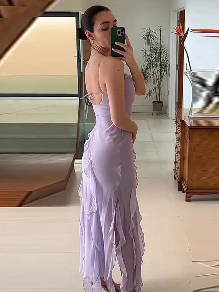 Elegant Ruffles Lavender Prom Dress Fashion Split Chiffon Party Dress SH1241
