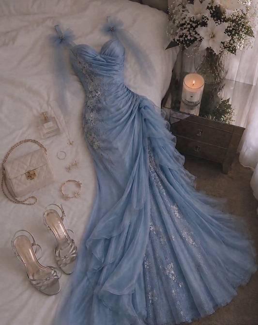 Beautiful Blue Mermaid Straps Exquisite Appliques Chiffon Prom Dress Evening Dress SH6455