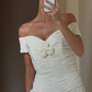 Vintage A Line V Neck Ivory Pleated Chiffon Prom Dress Wedding Dress SH8474