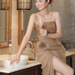 Brown Sheath Strapless Pleated Tulle Long Prom Dress Party Dress SH4666