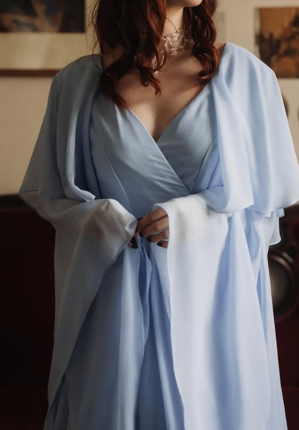 Gentle Sky Blue A Line Long Sleeve Chiffon Prom Dress Evening Dress SH6703