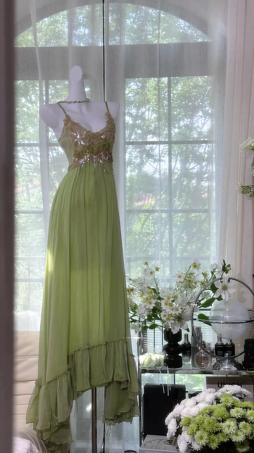 Dreamy Green Sequin Spaghetti Strap Chiffon Date Dress Evening Dress Wedding Guest Dress SH3436