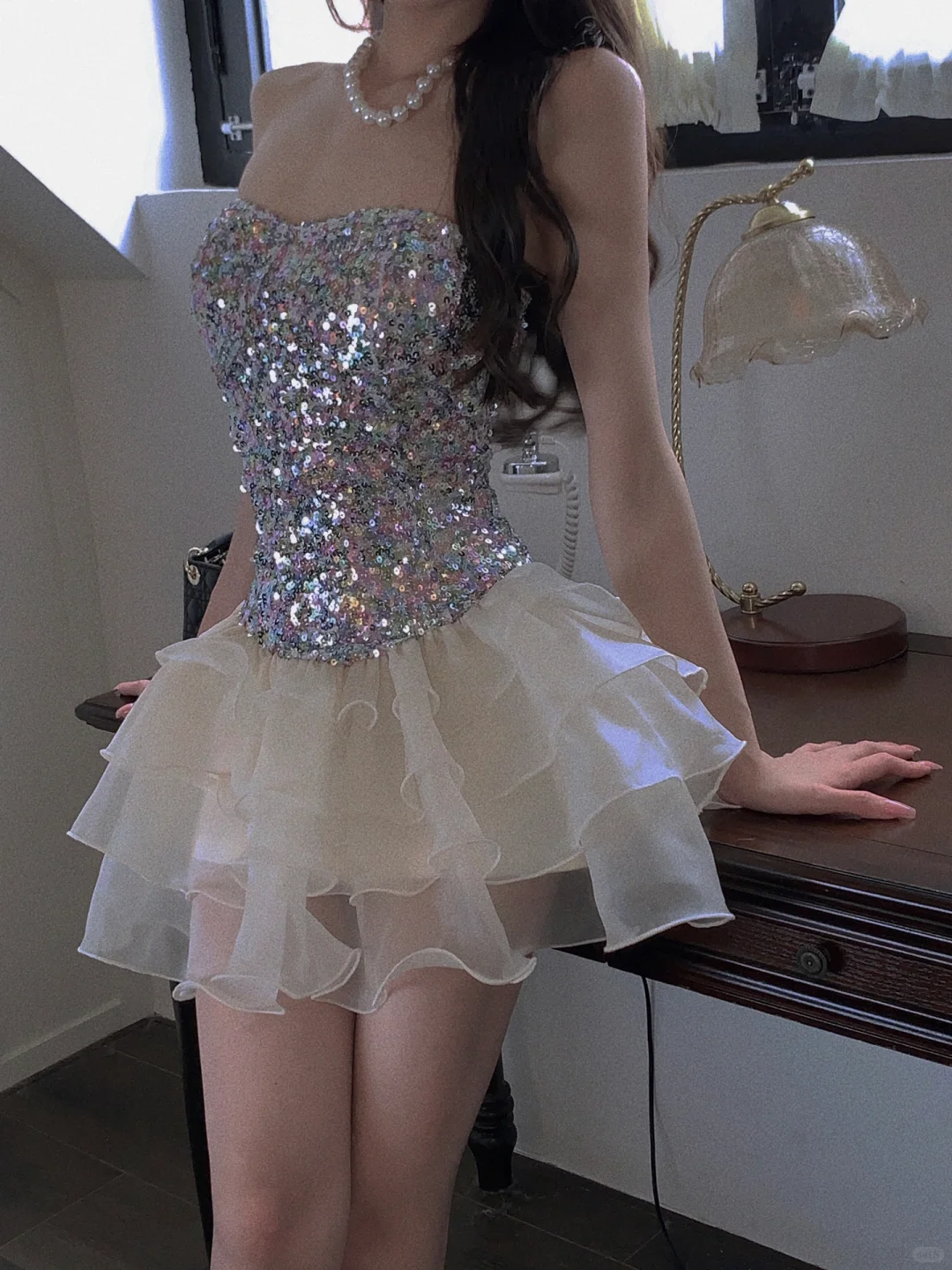 Shiny A Line Strapless Sequin Layered Organza Short Homecoming Dress Outfits SH5825