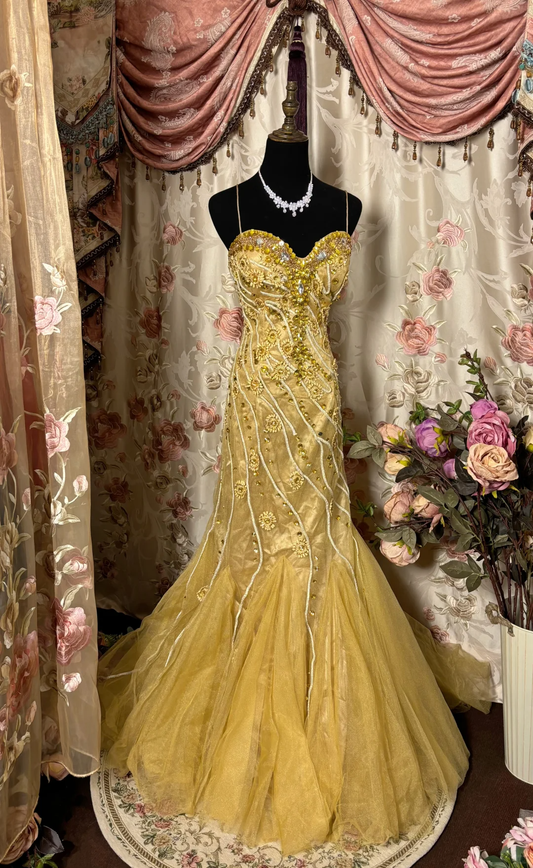 Retro Gold Mermaid Spaghetti Strap Beaded Tulle Long Prom Dress Evening Dress SH3717