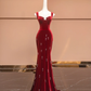 Burgundy Mermaid Straps Beaded Velvet Long Prom Dress Party Dress SH4370
